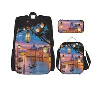 MDATT Beautiful Places - Zaino con portapranzo a tema anime, per la scuola, set per tre, Nero , Taglia unica, Set di zaini per la scuola