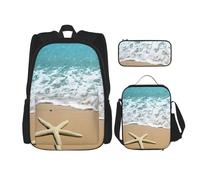 MDATT Bellissimo zaino con stella marina sulla spiaggia di sabbia con scatola per il pranzo zaino anime zaino scuola borsa bookbag set per tre, Nero , Taglia unica, Set di zaini per la scuola