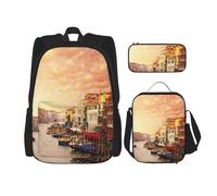 MDATT Bellissimo zaino con vista sul canale di Venezia con portapranzo anime, zaino per la scuola, set per tre, Nero , Taglia unica, Set di zaini per la scuola