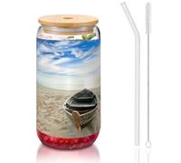 MDATT Bicchieri con coperchio e cannucce, con stampa dell'alba sulla spiaggia e sull'alba, da 470 ml, carini bicchieri da acqua per succhi di frutta, birra, caffè, tè