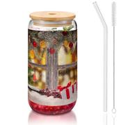 MDATT Bicchieri con coperchio e cannucce, con stampa di immagini natalizie, 470 ml, carini bicchieri d'acqua per succhi, birra, caffè, tè