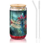 MDATT Bicchieri con coperchio e cannucce, con stampa libellula sul fiore, 470 ml, carini bicchieri per acqua per succhi, birra, caffè, tè