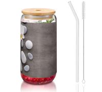 MDATT Bicchieri con coperchio e cannucce, motivo fiore bianco con stampa di pietre, 470 ml, carini bicchieri d'acqua per succhi di frutta, birra, caffè, tè