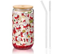MDATT Bicchieri con coperchio e cannucce, motivo natalizio con Babbo Natale, 470 ml, carini bicchieri da acqua per succhi, birra, caffè, tè