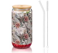MDATT Bicchieri con coperchio e cannucce, stampa Torre Eiffel con fiore Parigi, 470 ml, carini bicchieri da acqua per succhi di frutta, birra, caffè, tè