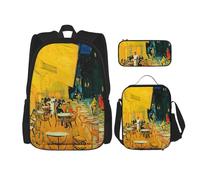 MDATT Cafe Terrace at Night Zaino con Lunch Box Anime Zaino Scuola Bookbag Zaino Set per Tre, Nero , Taglia unica, Set di zaini per la scuola