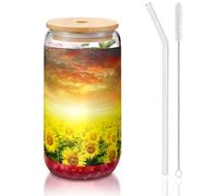 MDATT Dreamlike Sunset of A Sunflower Field Printing - Bicchieri da 470 ml, con coperchi e cannucce, carini bicchieri da acqua per succhi, birra, caffè, tè