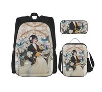 MDATT Gardenia - Zaini da studio con fiori e uccelli, con portapranzo, in tela, borsa da viaggio per studenti elementari, Nero , Taglia unica, Set di zaini per la scuola