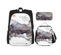 MDATT Gray Hills - Zaino da disegno con uccellini e scatola per il pranzo, zaino anime, borsa per la scuola, set per tre, Nero , Taglia unica, Set di zaini per la scuola