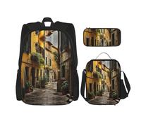 MDATT Italian Old Street Zaini da studio con portapranzo astuccio in tela borsa da viaggio per studenti elementari, Nero , Taglia unica, Set di zaini per la scuola