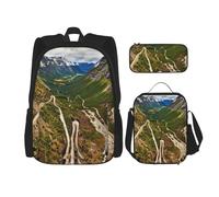 MDATT Mountain Road Norway - Zaino con portapranzo a tema anime, per la scuola, set per tre, Nero , Taglia unica, Set di zaini per la scuola