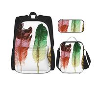 MDATT Piume colorate disegnate a mano su zaino bianco con portapranzo zaino anime zaino scuola borsa Bookbag zaino set per tre, Nero , Taglia unica, Set di zaini per la scuola