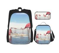 MDATT Set di tre zaini con motivo Flock of Pink Flamingos On The Beach con portapranzo anime, zaino per la scuola, borsa per libri, Nero , Taglia unica, Set di zaini per la scuola