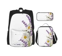 MDATT Set di tre zaini con portapranzo, motivo: lavanda e margherite, con motivo anime, per la scuola, Nero , Taglia unica, Set di zaini per la scuola