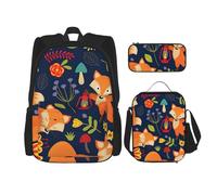 MDATT Simpatico zaino a forma di animale con fiore di volpe e scatola per il pranzo anime, zaino per la scuola, set per tre, Nero , Taglia unica, Set di zaini per la scuola