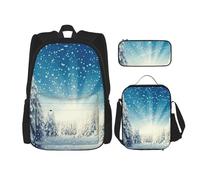 MDATT Snow Wonderland - Zaino natalizio con albero di pino e scatola per il pranzo, zaino anime, borsa per la scuola, set per tre, Nero , Taglia unica, Set di zaini per la scuola
