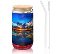 MDATT Sunset Printing - Bicchieri con coperchio e cannucce, 470 ml, carini bicchieri d'acqua per succhi, birra, caffè, tè