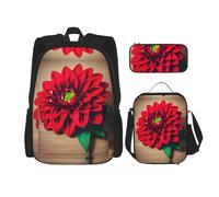 MDATT Tavola di legno retrò fiore rosso dalia zaini studio con portapranzo astuccio in tela borsa da viaggio per studenti elementari, Nero , Taglia unica, Set di zaini per la scuola