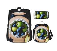MDATT Zaini con immagini di frutta, zaini da studio con portapranzo, astuccio per matite, borsa da viaggio in tela per studenti elementari, Nero , Taglia unica, Set di zaini per la scuola