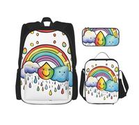 MDATT Zaini con nuvole arcobaleno e gocce di pioggia, con portapranzo, astuccio in tela, borsa da viaggio per studenti elementari, Nero , Taglia unica, Set di zaini per la scuola