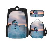 MDATT Zaini con pupazzo di neve sulla spiaggia, zaino da studio con portapranzo, astuccio in tela, borsa da viaggio per studenti elementari, Nero , Taglia unica, Set di zaini per la scuola