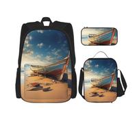 MDATT Zaini da studio con barca sulla spiaggia, con portapranzo, astuccio in tela, borsa da viaggio per studenti elementari, Nero , Taglia unica, Set di zaini per la scuola