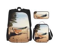 MDATT Zaini da studio con barca sulla spiaggia, con portapranzo, astuccio in tela, borsa da viaggio per studenti elementari, Nero , Taglia unica, Set di zaini per la scuola