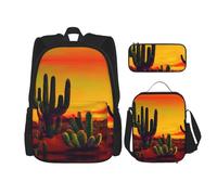 MDATT Zaini da studio con cactus nel deserto, con portapranzo, astuccio in tela, borsa da viaggio per studenti elementari, Nero , Taglia unica, Set di zaini per la scuola