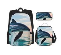 MDATT Zaini da studio con delfino carino che salta con portapranzo, borsa da viaggio in tela per studenti elementari, Nero , Taglia unica, Set di zaini per la scuola