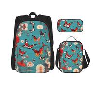 MDATT Zaini da studio con farfalle volanti tra fiori e galline, con portapranzo, astuccio in tela, borsa da viaggio per studenti elementari, Nero , Taglia unica, Set di zaini per la scuola