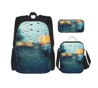 MDATT Zaini da studio con gocce di pioggia su vetro, con portapranzo, astuccio in tela, borsa da viaggio per studenti elementari, Nero , Taglia unica, Set di zaini per la scuola
