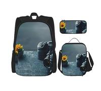 MDATT Zaini da studio con grafica 3D, universo, spaziale, con portapranzo, astuccio in tela, borsa da viaggio per studenti elementari, Nero , Taglia unica, Set di zaini per la scuola