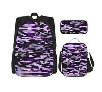 MDATT Zaini da studio con motivo mimetico americano viola, con portapranzo, astuccio in tela, borsa da viaggio per studenti elementari, Nero , Taglia unica, Set di zaini per la scuola