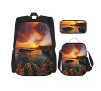 MDATT Zaini da studio con paesaggio marino con tramonto in Irlanda, con portapranzo, astuccio in tela, borsa da viaggio per studenti elementari, Nero , Taglia unica, Set di zaini per la scuola