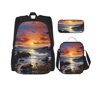 MDATT Zaini da studio con paesaggio marino con tramonto in Irlanda, con portapranzo, astuccio in tela, borsa da viaggio per studenti elementari, Nero , Taglia unica, Set di zaini per la scuola