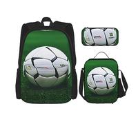 MDATT Zaini da studio con pallone da calcio bianco con portapranzo, astuccio in tela da viaggio per studenti elementari, Nero , Taglia unica, Set di zaini per la scuola