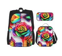 MDATT Zaini da studio con rosa arcobaleno, con portapranzo, astuccio in tela, borsa da viaggio per studenti elementari, Nero , Taglia unica, Set di zaini per la scuola