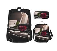 MDATT Zaini da studio con rosa rossa su pianoforte, con portapranzo, astuccio in tela, borsa da viaggio per studenti elementari, Nero , Taglia unica, Set di zaini per la scuola