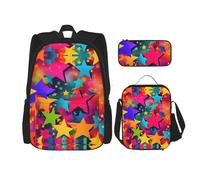 MDATT Zaini da studio con stelle arcobaleno, con portapranzo, astuccio in tela, borsa da viaggio per studenti elementari, Nero , Taglia unica, Set di zaini per la scuola