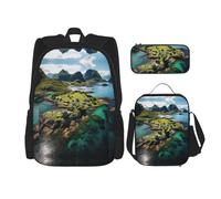 MDATT Zaini da studio delle isole norvegesi, con portapranzo, astuccio in tela, borsa da viaggio per studenti elementari, Nero , Taglia unica, Set di zaini per la scuola