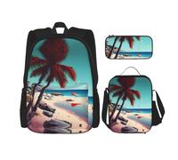 MDATT Zaini da viaggio in tela per studenti elementari con borsa per il pranzo con scenario sulla spiaggia, Nero , Taglia unica, Set di zaini per la scuola