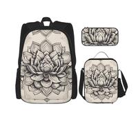 MDATT Zaini Namaste, con fiore di loto, con portapranzo, astuccio in tela, borsa da viaggio per studenti elementari, Nero , Taglia unica, Set di zaini per la scuola