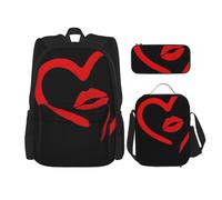 MDATT Zaino a forma di cuore disegnato in rossetto con scatola per il pranzo Anime zaino scuola borsa Bookbag zaino set per tre, Nero , Taglia unica, Set di zaini per la scuola