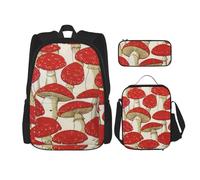 MDATT Zaino a forma di fungo rosso e bianco con scatola per il pranzo, zaino anime, borsa per la scuola, borsa per libri, set per tre, Nero , Taglia unica, Set di zaini per la scuola