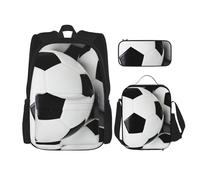 MDATT Zaino a forma di pallone da calcio con portapranzo, zaino anime, borsa per la scuola, set per tre, Nero , Taglia unica, Set di zaini per la scuola