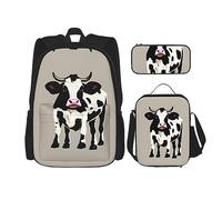 MDATT Zaino a pois neri con mucca con portapranzo e astuccio da 7,6 cm, zaino kawaii con borsa per il pranzo abbinata