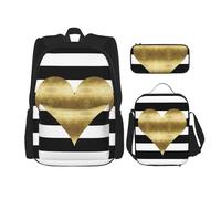 MDATT Zaino a righe con cuore dorato con scatola per il pranzo, zaino anime, borsa per la scuola, set per tre libri, Nero , Taglia unica, Set di zaini per la scuola