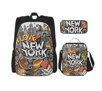 MDATT Zaino artistico a tema americano con cartone animato carino New York con scatola per il pranzo Anime zaino scuola borsa Bookbag zaino set per tre, Nero , Taglia unica, Set di zaini per la scuola