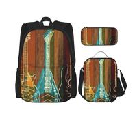 MDATT Zaino artistico con chitarra con portapranzo, zaino anime, borsa per la scuola, set per tre, Nero , Taglia unica, Set di zaini per la scuola