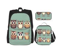 MDATT Zaino carino con gufi in stile cartone animato con portapranzo e astuccio da 7,6 cm, zaino Kawaii con borsa per il pranzo abbinata